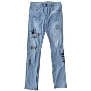 Crysp Denim Men's Distressed Graphic Skinny Fit Stretch Denim Jeans in Size 32